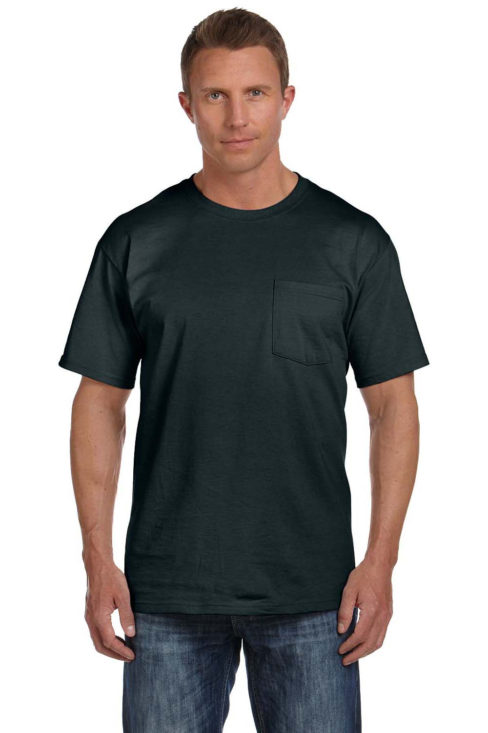 Fruit Of The Loom 3931P Mens HD Jersey Short Sleeve Crewneck T-Shirt w/ Pocket Black Front