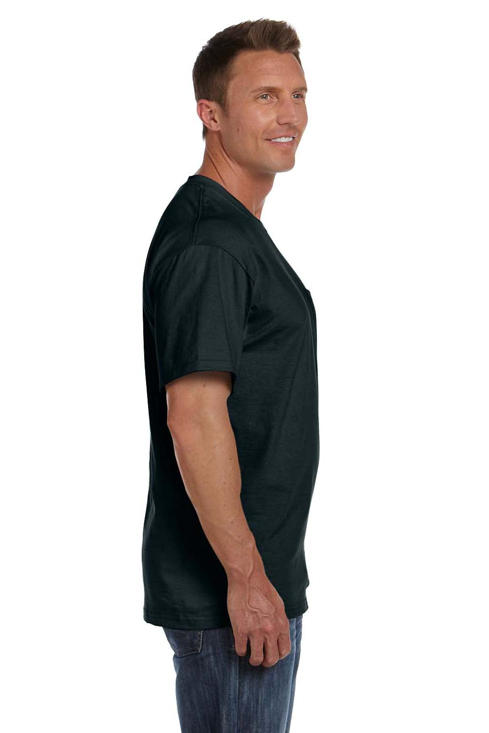 Fruit Of The Loom 3931P Mens HD Jersey Short Sleeve Crewneck T-Shirt w/ Pocket Black Side