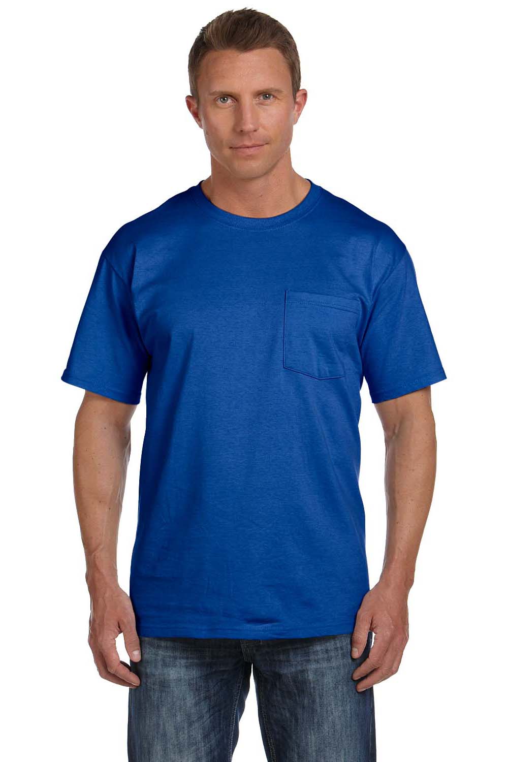 Fruit Of The Loom 3931P Mens HD Jersey Short Sleeve Crewneck T-Shirt w/ Pocket Royal Blue Front