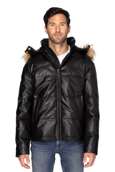 Threadfast Apparel 397J Mens Vegan Leather Hooded Puffer Jacket Black Front