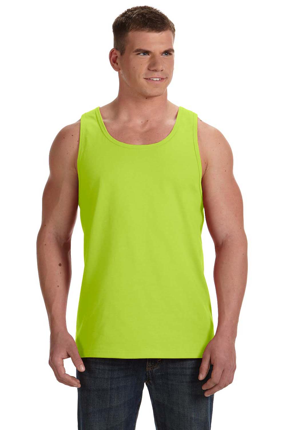 Fruit Of The Loom 39TKR Mens HD Jersey Tank Top Safety Green Front