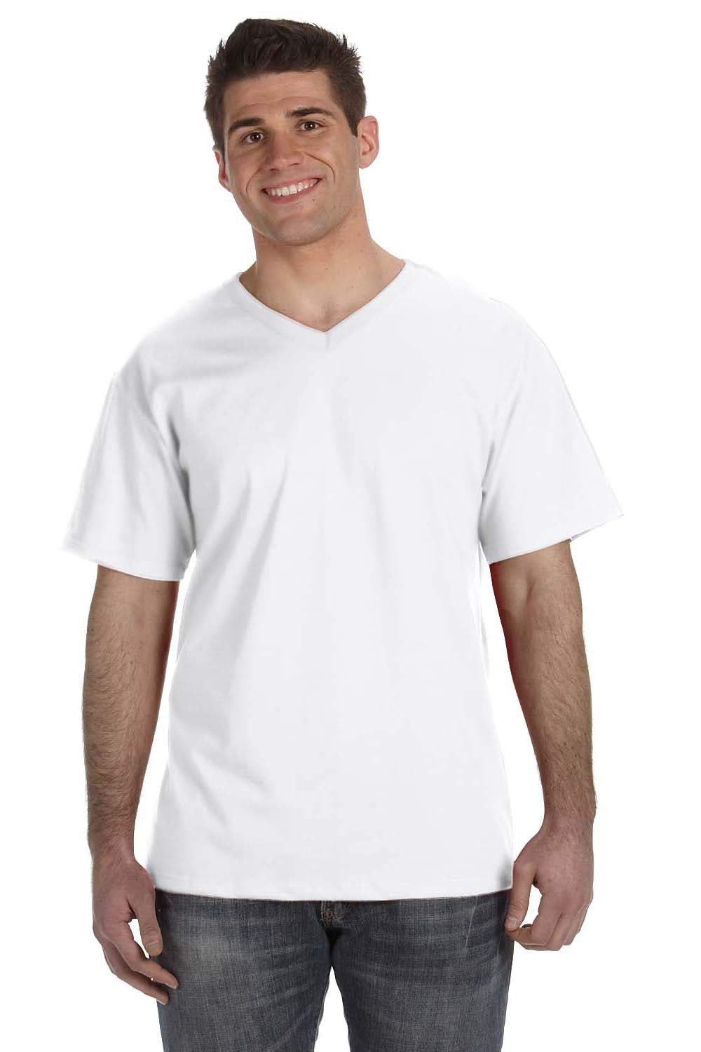 Fruit Of The Loom 39VR Mens HD Jersey Short Sleeve V-Neck T-Shirt White Front