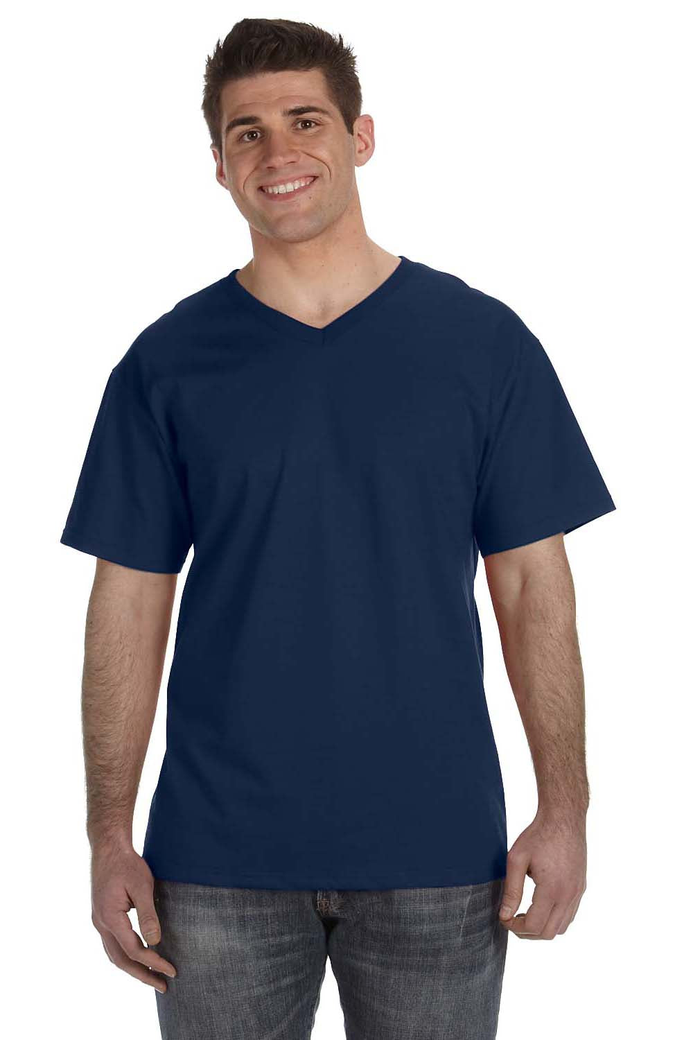 Fruit Of The Loom 39VR Mens HD Jersey Short Sleeve V-Neck T-Shirt Navy Blue Front