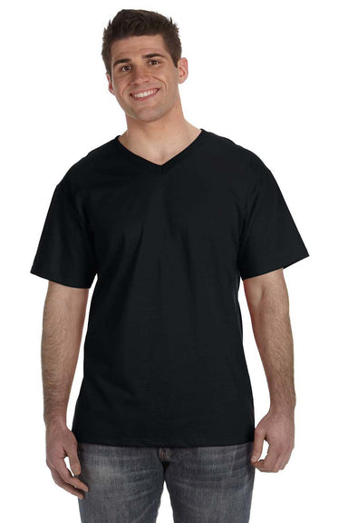 Fruit Of The Loom 39VR Mens HD Jersey Short Sleeve V-Neck T-Shirt Black Front