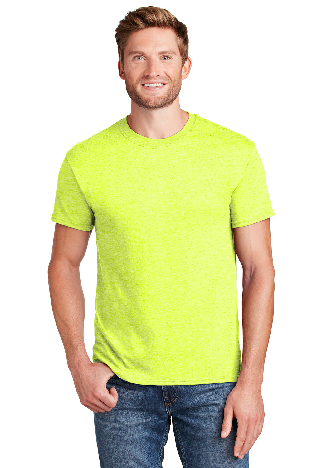 Hanes P4200 Mens X-Temp Moisture Wicking Short Sleeve Crewneck T-Shirt Heather Neon Lemon Yellow Front