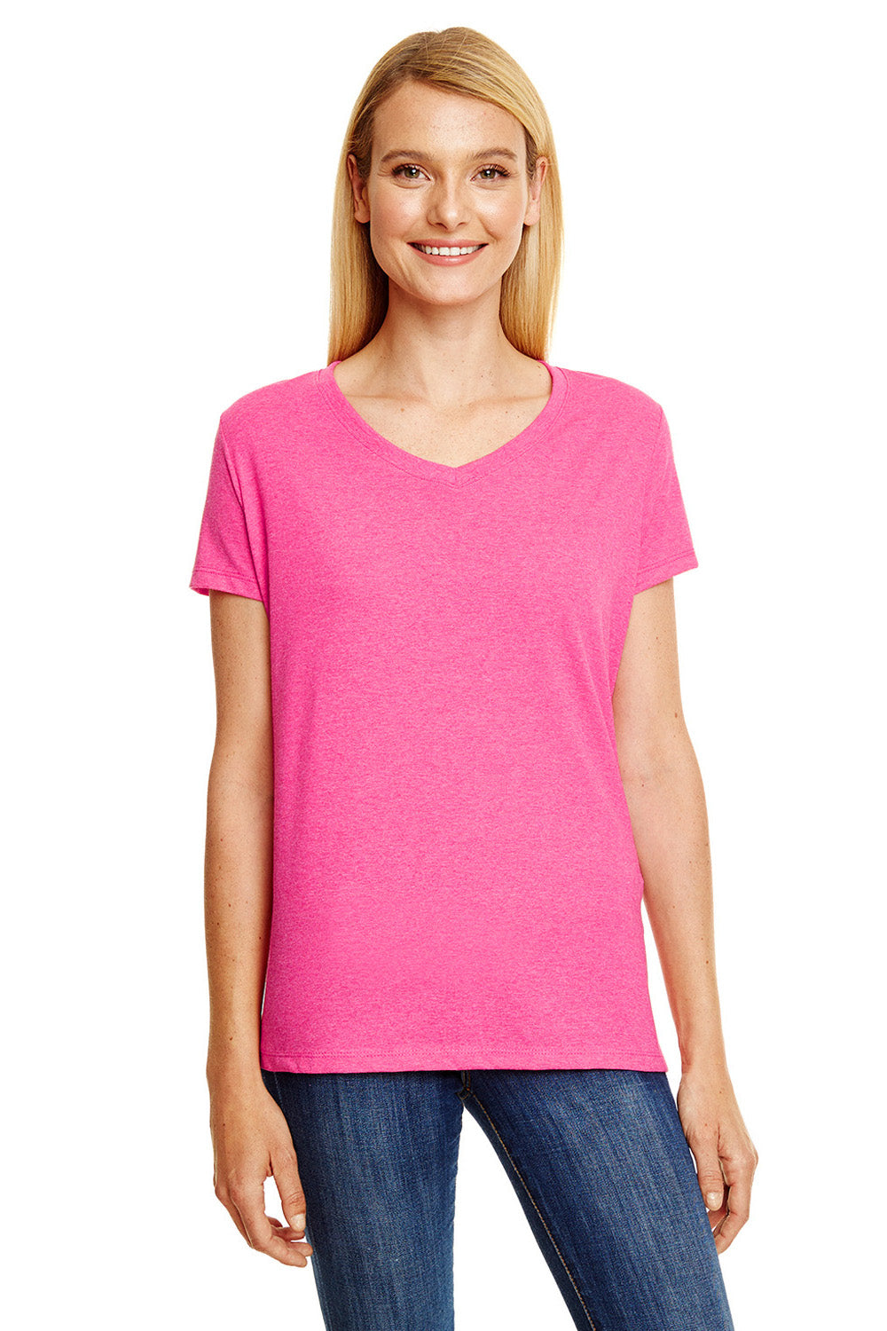 Hanes 42VT Womens X-Temp FreshIQ Moisture Wicking Short Sleeve V-Neck T-Shirt Pink Front