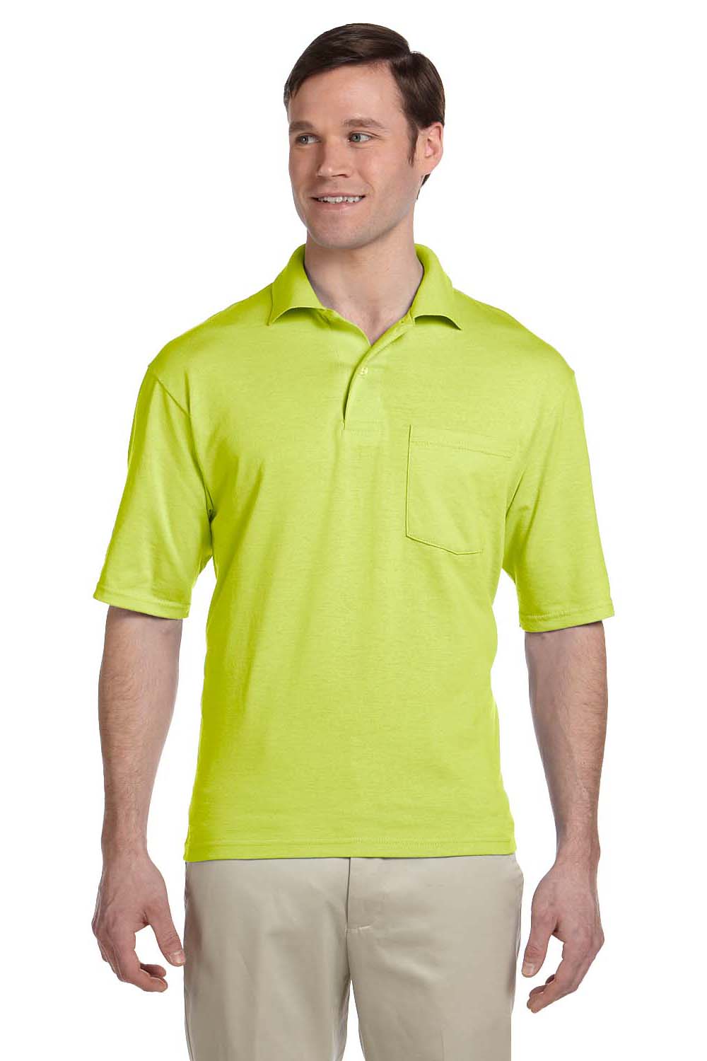 Jerzees 436P Mens SpotShield Stain Resistant Short Sleeve Polo Shirt w/ Pocket Safety Green Front
