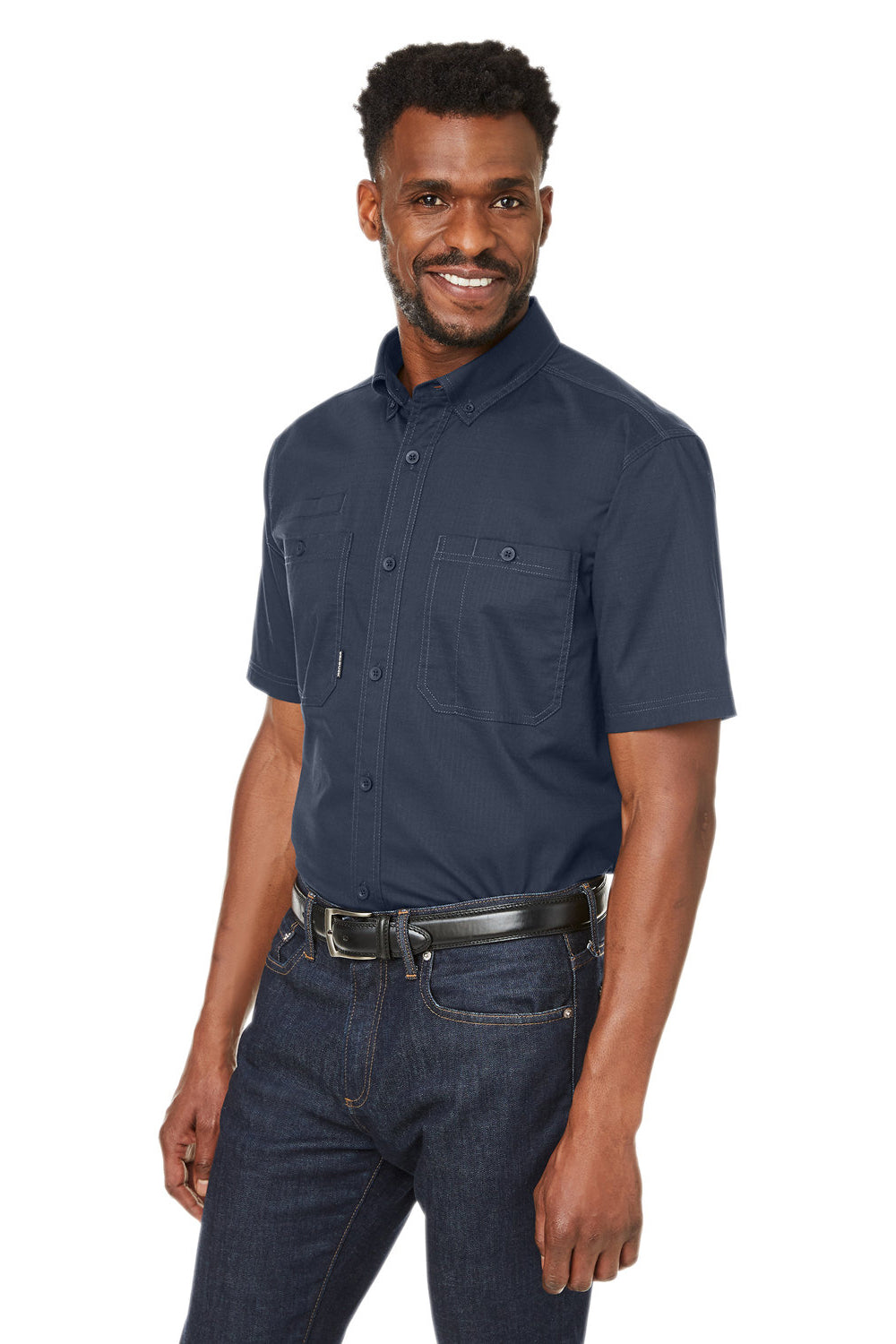 Dri Duck 4451DD Mens Craftsman Ripstop Short Sleeve Button Down Shirt w/ Double Pockets Deep Blue 3Q