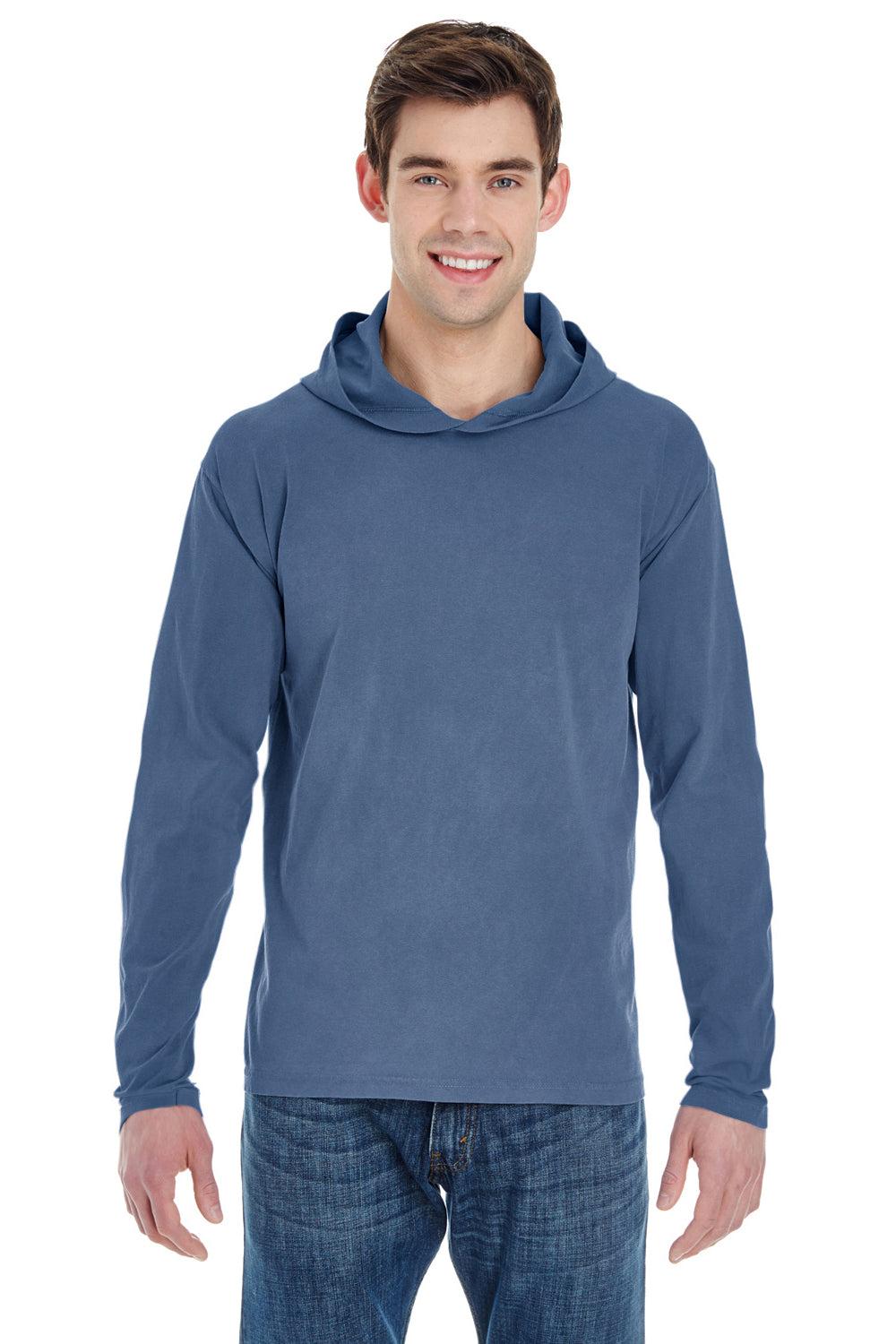 Comfort Colors 4900 Mens Long Sleeve Hooded T-Shirt Hoodie Blue Jean Front