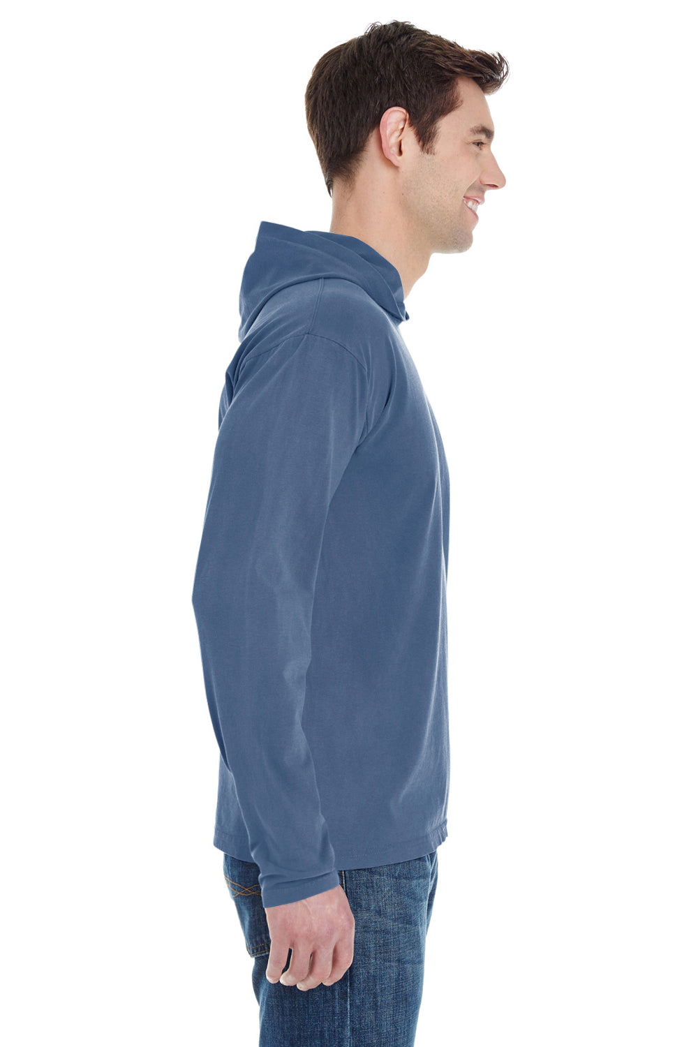 Comfort Colors 4900 Mens Long Sleeve Hooded T-Shirt Hoodie Blue Jean Side