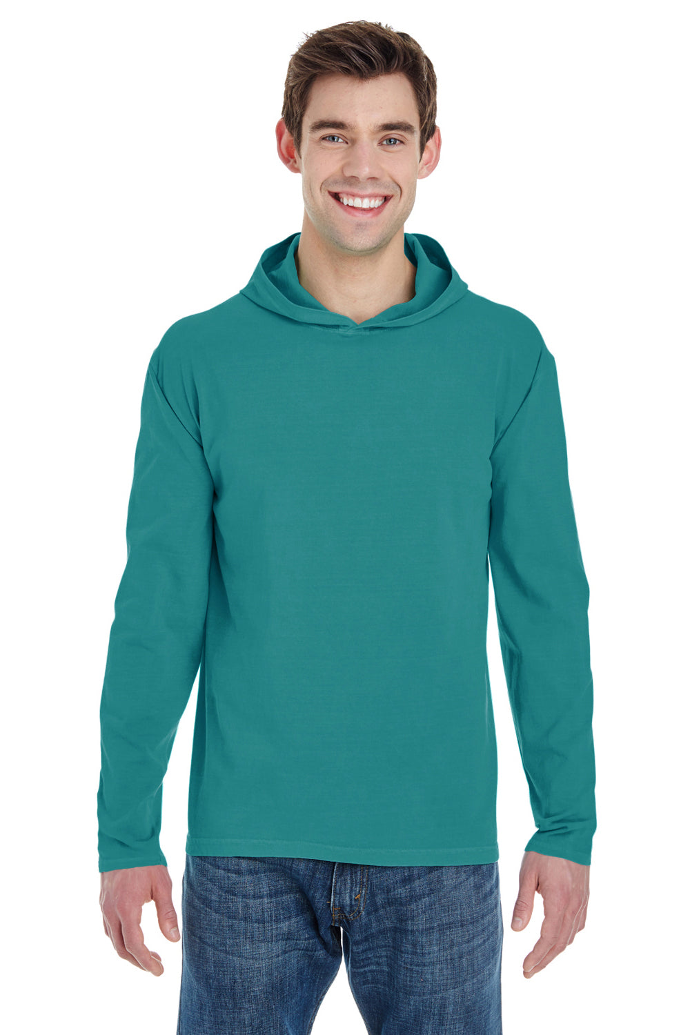 Comfort Colors 4900 Mens Long Sleeve Hooded T-Shirt Hoodie Seafoam Green Front