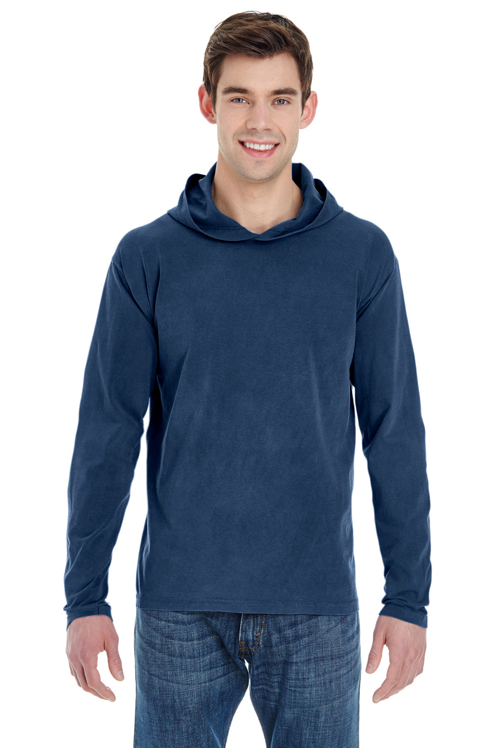 Comfort Colors 4900 Mens Long Sleeve Hooded T-Shirt Hoodie Navy Blue Front