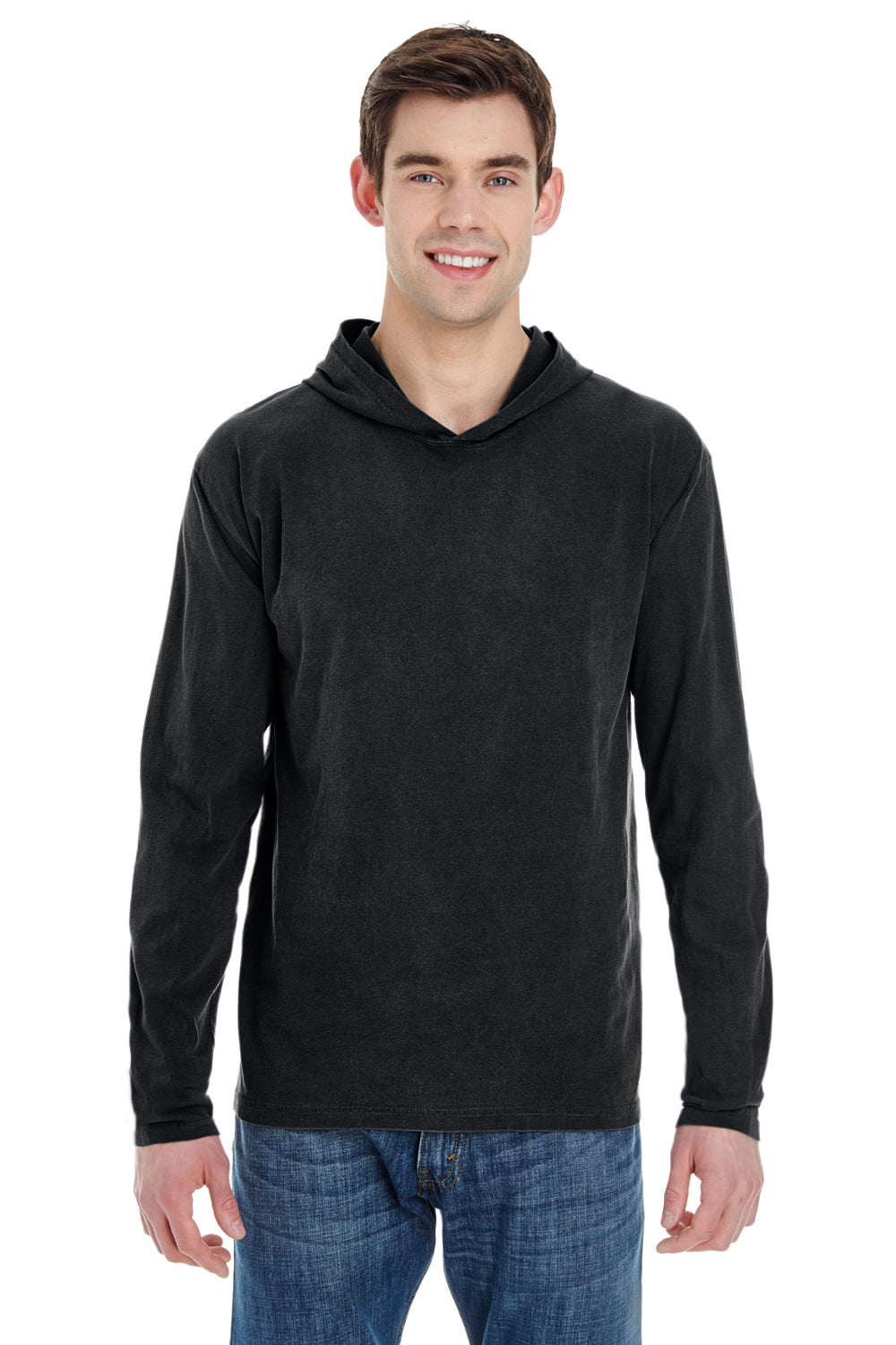 Comfort Colors 4900 Mens Long Sleeve Hooded T-Shirt Hoodie Black Front
