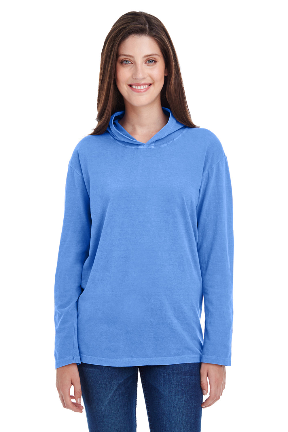 Comfort Colors 4900 Mens Long Sleeve Hooded T-Shirt Hoodie Flo Blue Front