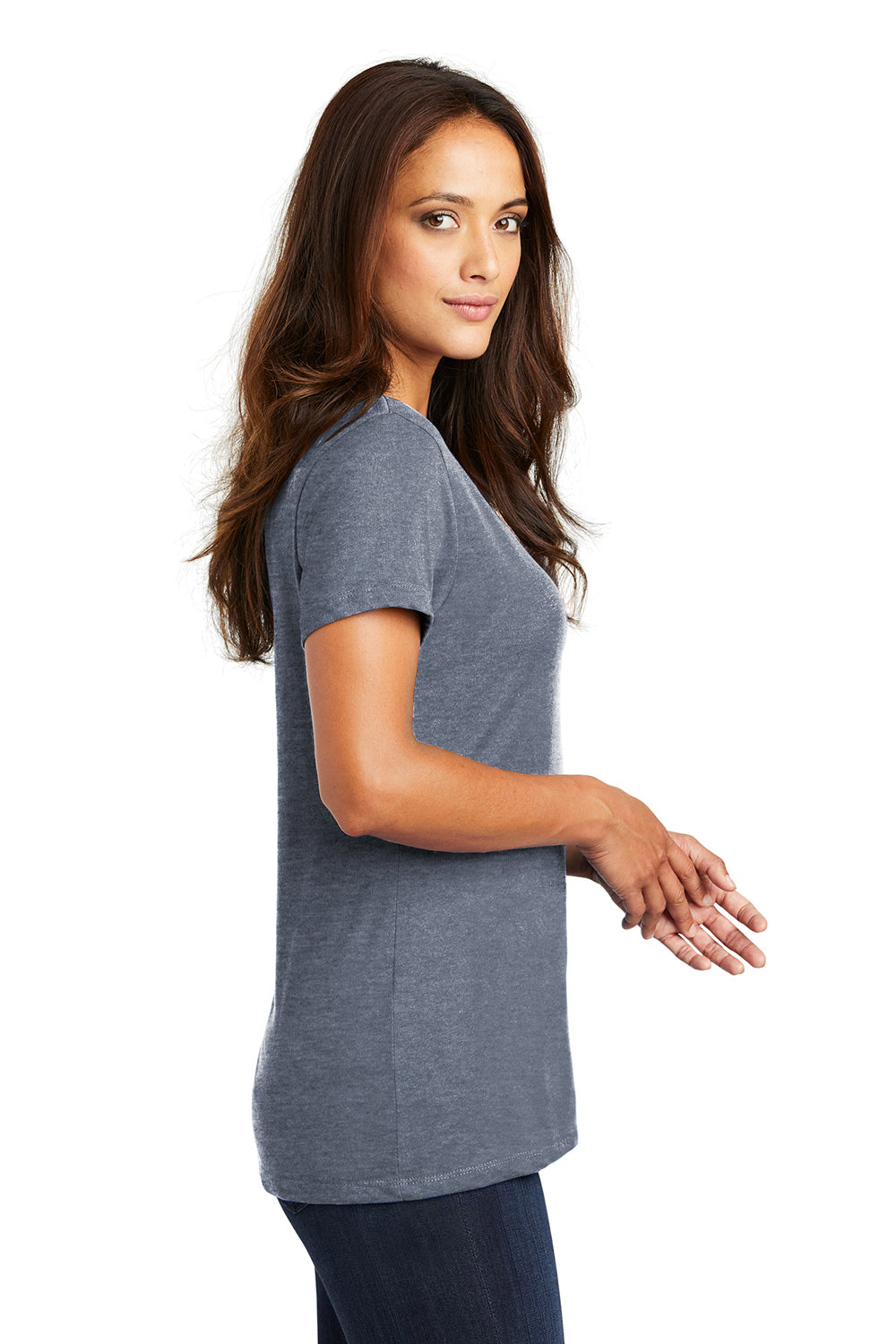 District DM1170L Womens Perfect Weight Short Sleeve V-Neck T-Shirt Heather Navy Blue Side