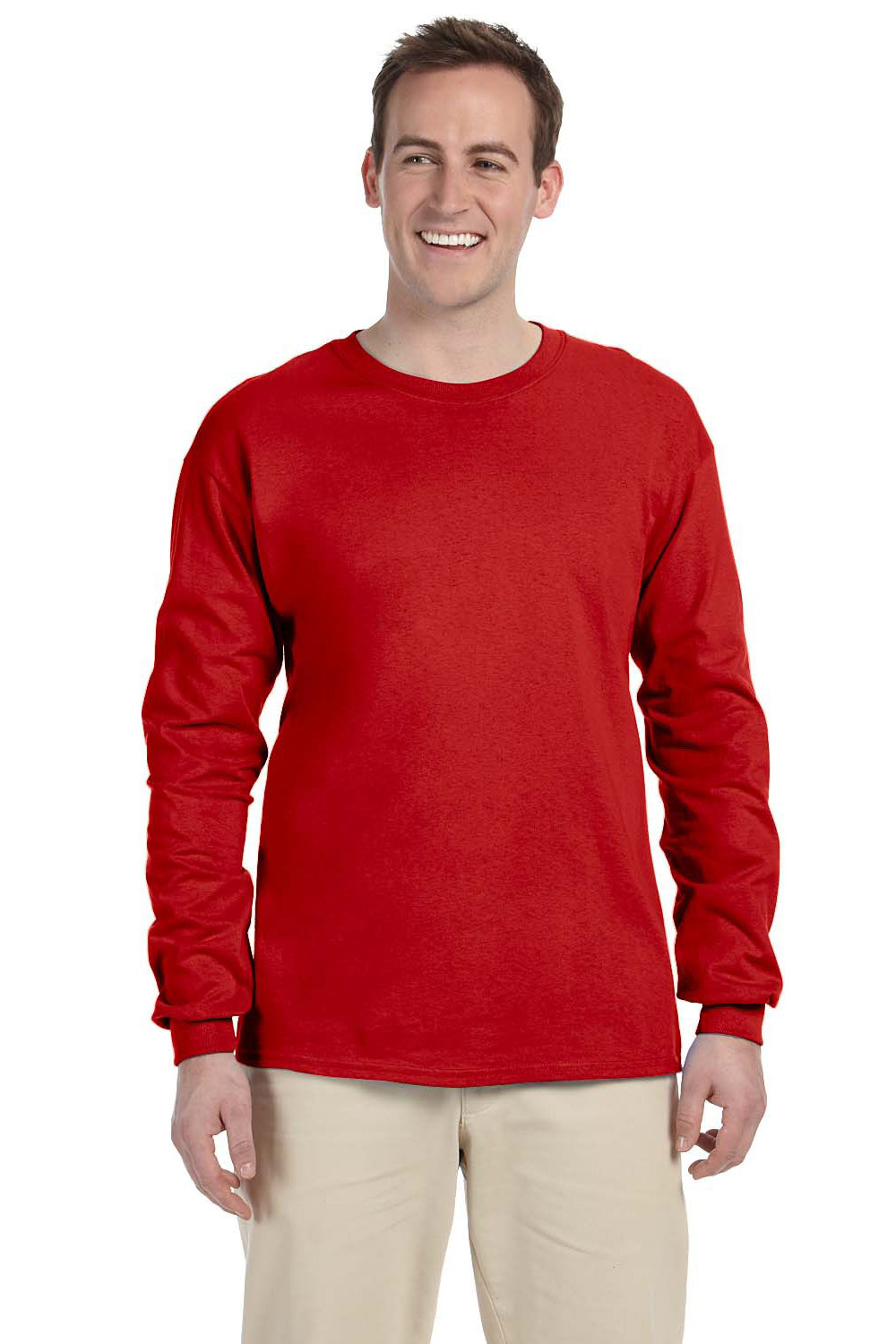 Fruit Of The Loom 4930 Mens HD Jersey Long Sleeve Crewneck T-Shirt Red Front