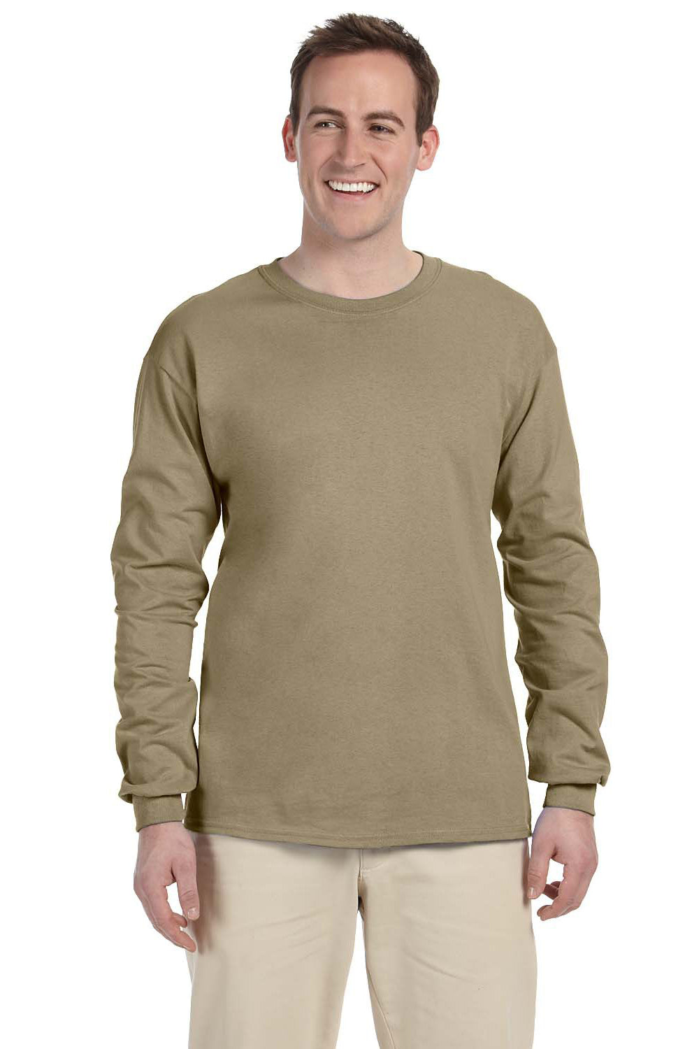 Fruit Of The Loom 4930 Mens HD Jersey Long Sleeve Crewneck T-Shirt Khaki Brown Front