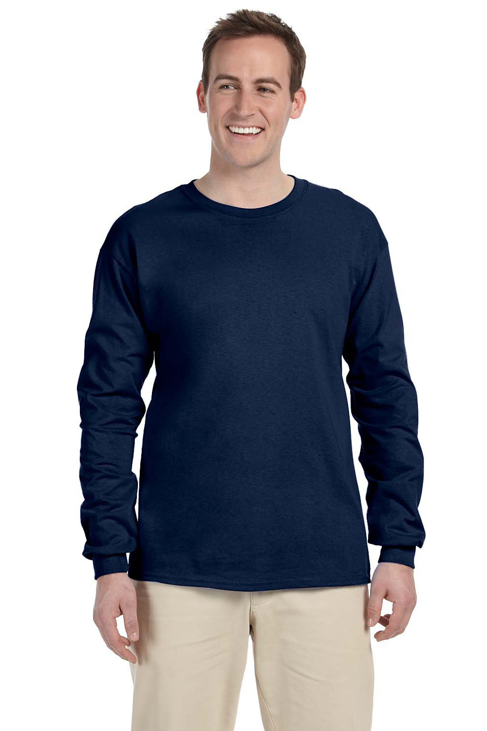 Fruit Of The Loom 4930 Mens HD Jersey Long Sleeve Crewneck T-Shirt Navy Blue Front