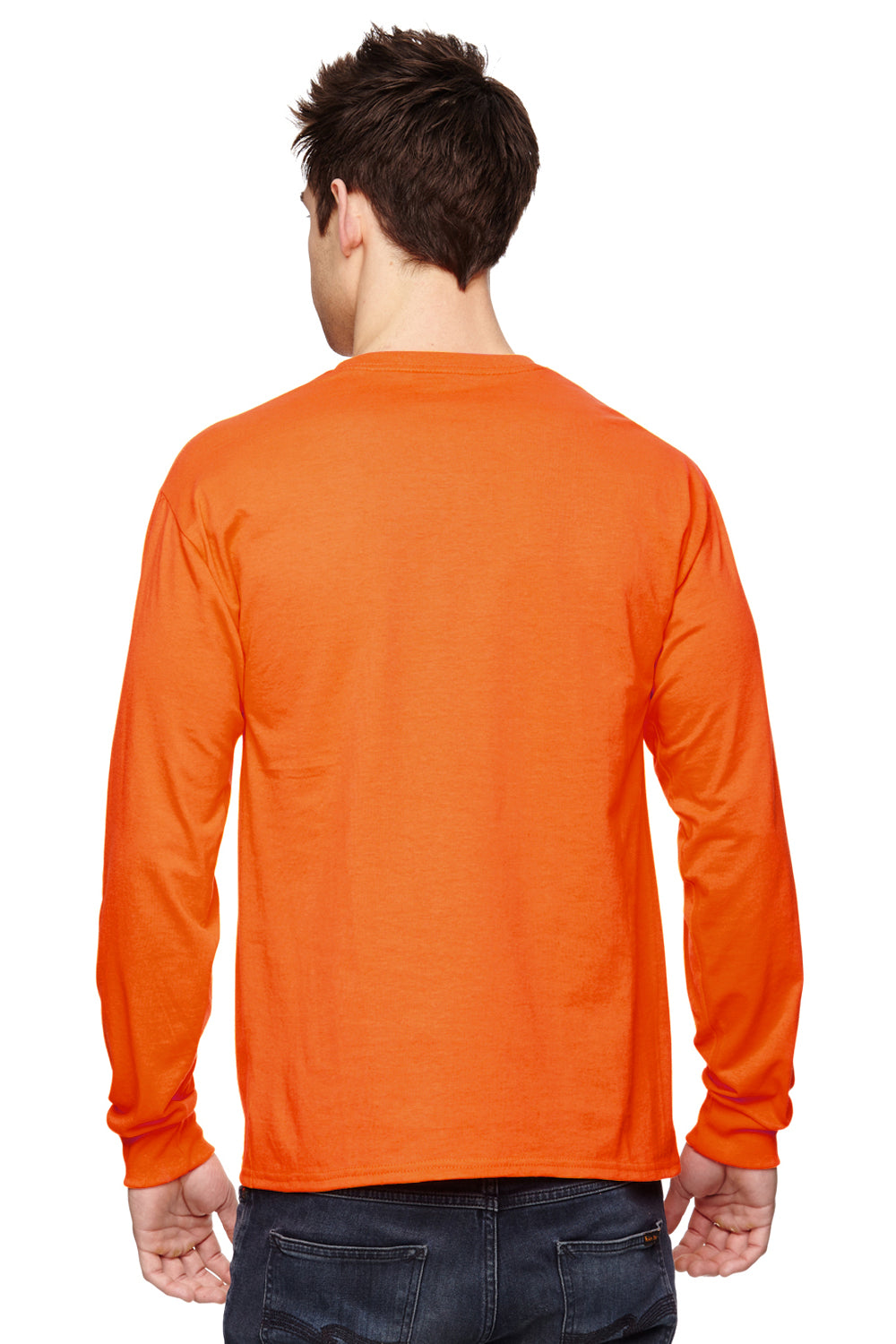 Fruit Of The Loom 4930 Mens HD Jersey Long Sleeve Crewneck T-Shirt Safety Orange Back