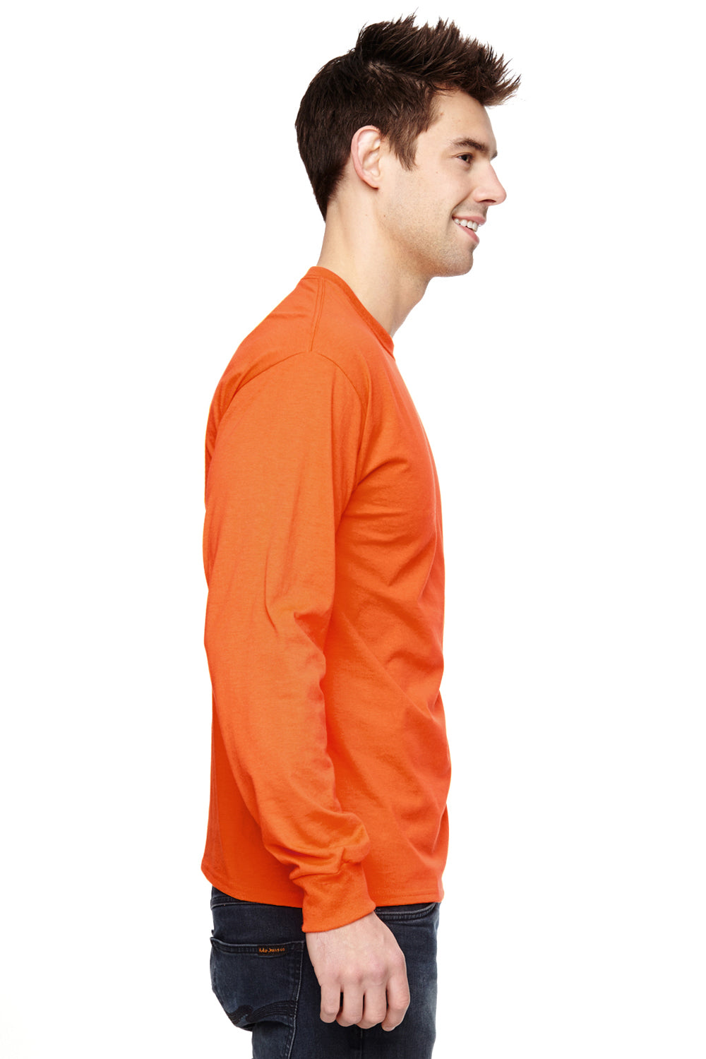 Fruit Of The Loom 4930 Mens HD Jersey Long Sleeve Crewneck T-Shirt Safety Orange Side