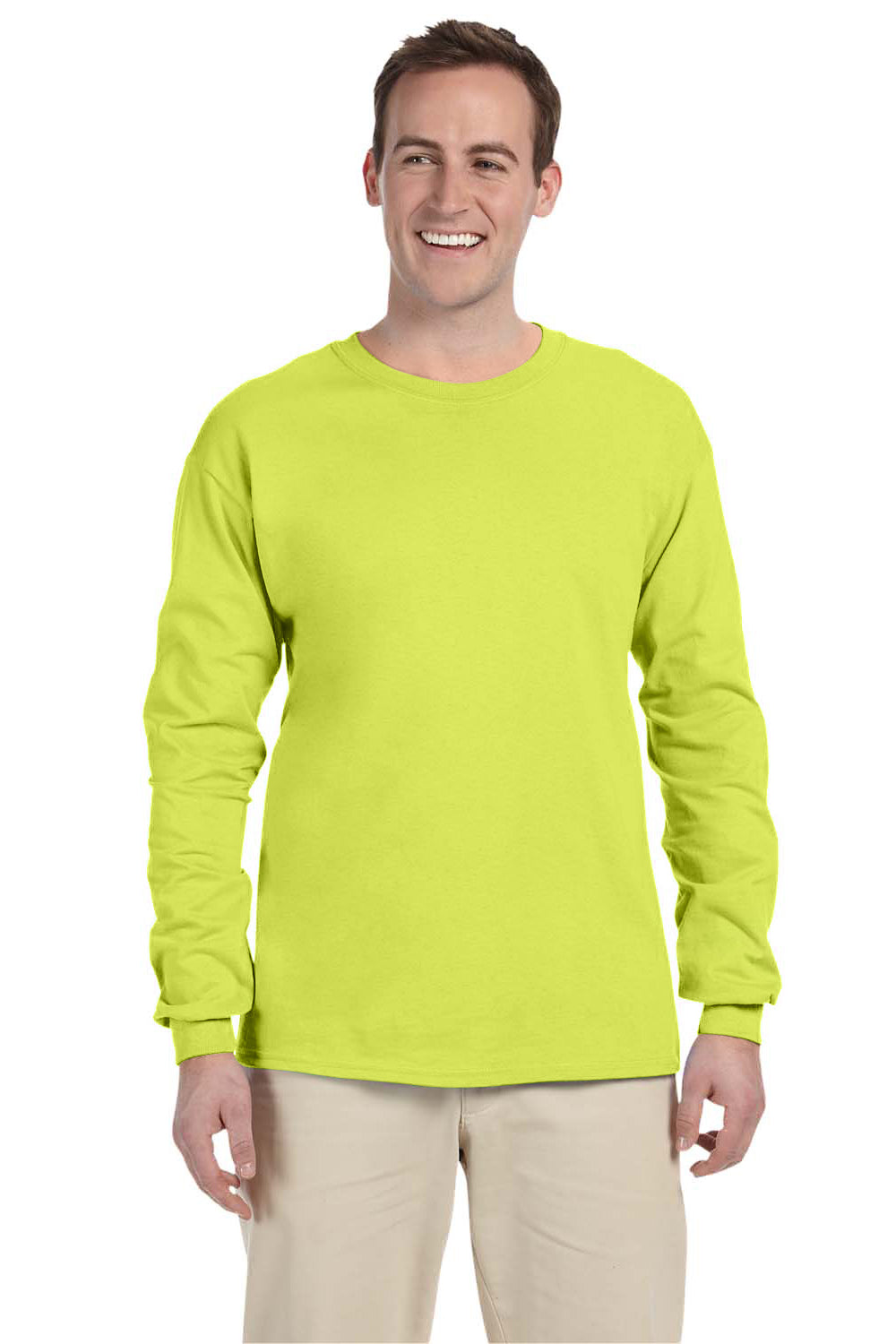 Fruit Of The Loom 4930 Mens HD Jersey Long Sleeve Crewneck T-Shirt Safety Green Front