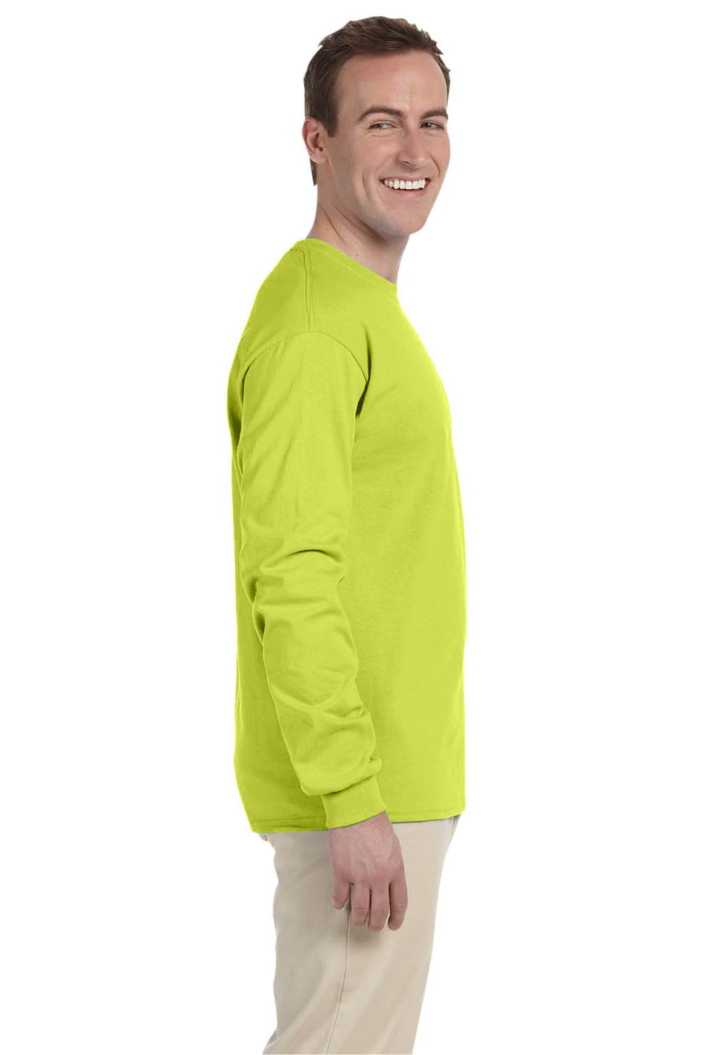 Fruit Of The Loom 4930 Mens HD Jersey Long Sleeve Crewneck T-Shirt Safety Green Side