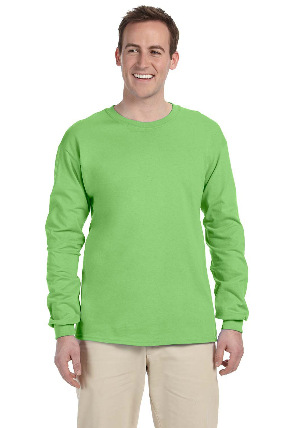Fruit Of The Loom 4930 Mens HD Jersey Long Sleeve Crewneck T-Shirt Kiwi Green Front