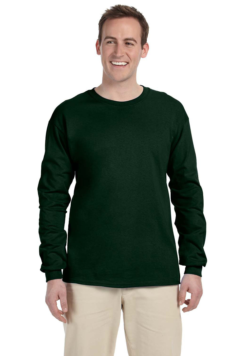 Fruit Of The Loom 4930 Mens HD Jersey Long Sleeve Crewneck T-Shirt Forest Green Front
