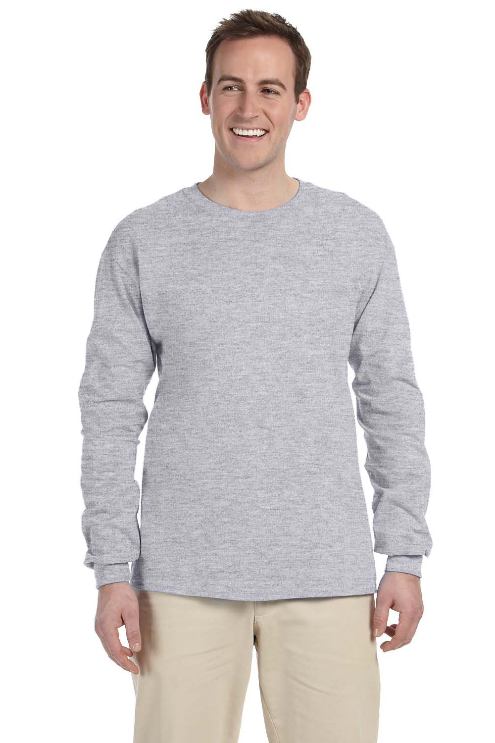 Fruit Of The Loom 4930 Mens HD Jersey Long Sleeve Crewneck T-Shirt Heather Grey Front