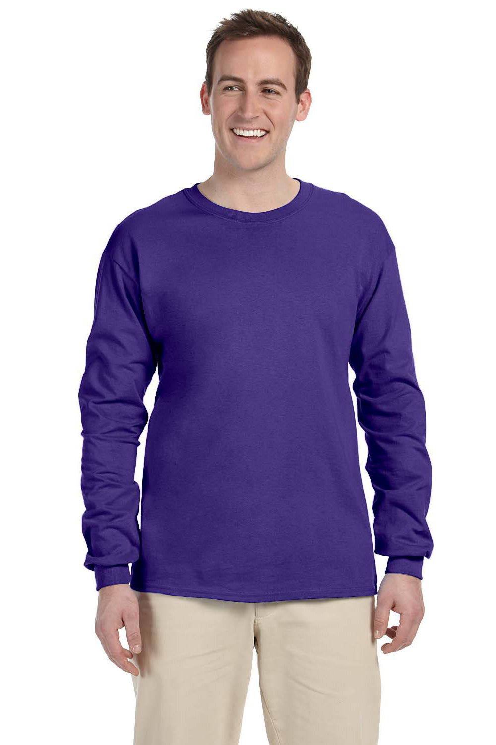 Fruit Of The Loom 4930 Mens HD Jersey Long Sleeve Crewneck T-Shirt Purple Front