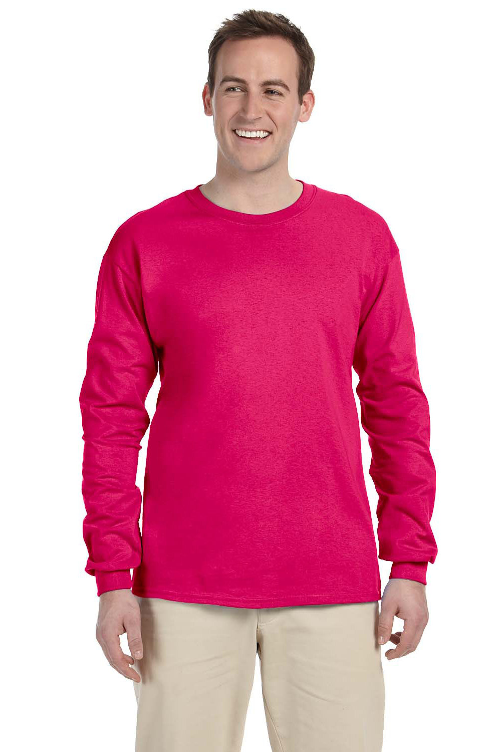 Fruit Of The Loom 4930 Mens HD Jersey Long Sleeve Crewneck T-Shirt Cyber Pink Front