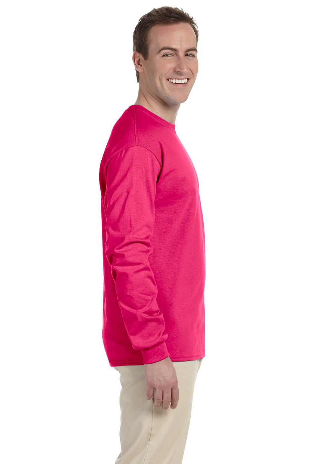 Fruit Of The Loom 4930 Mens HD Jersey Long Sleeve Crewneck T-Shirt Cyber Pink Side