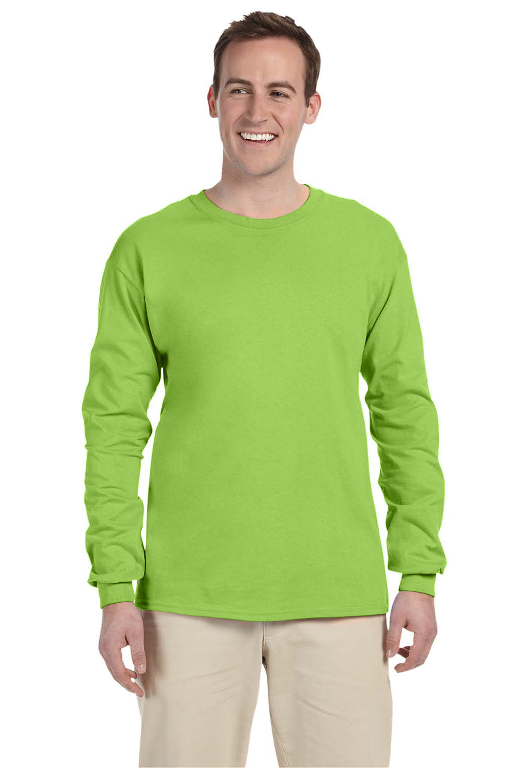 Fruit Of The Loom 4930 Mens HD Jersey Long Sleeve Crewneck T-Shirt Neon Green Front