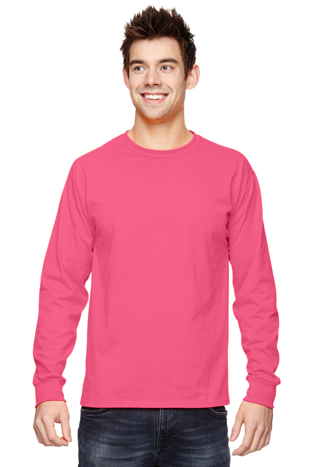 Fruit Of The Loom 4930 Mens HD Jersey Long Sleeve Crewneck T-Shirt Neon Pink Front