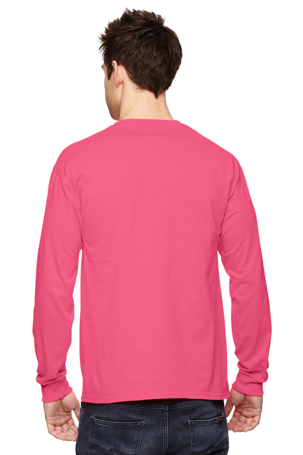 Fruit Of The Loom 4930 Mens HD Jersey Long Sleeve Crewneck T-Shirt Neon Pink Back