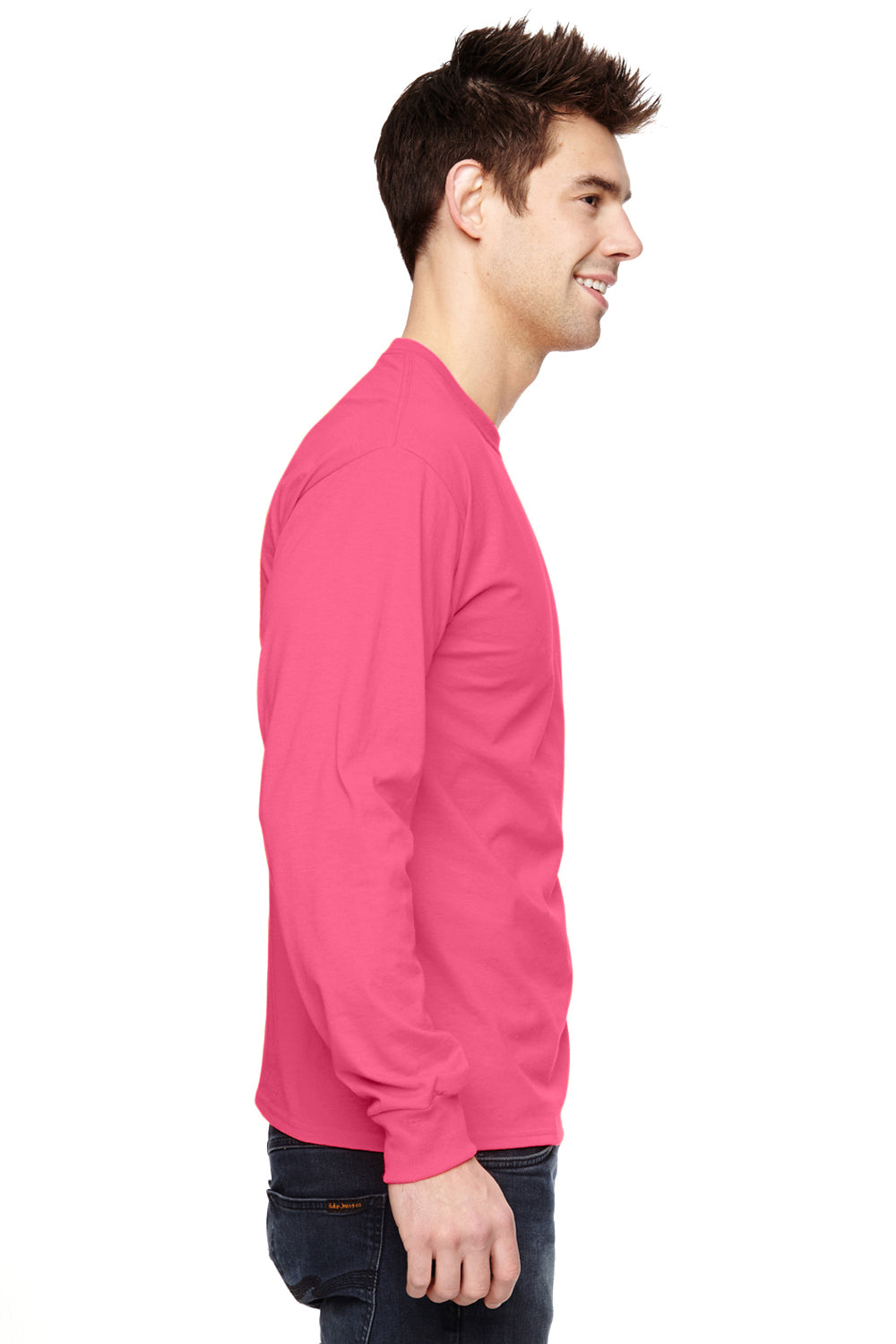 Fruit Of The Loom 4930 Mens HD Jersey Long Sleeve Crewneck T-Shirt Neon Pink Side