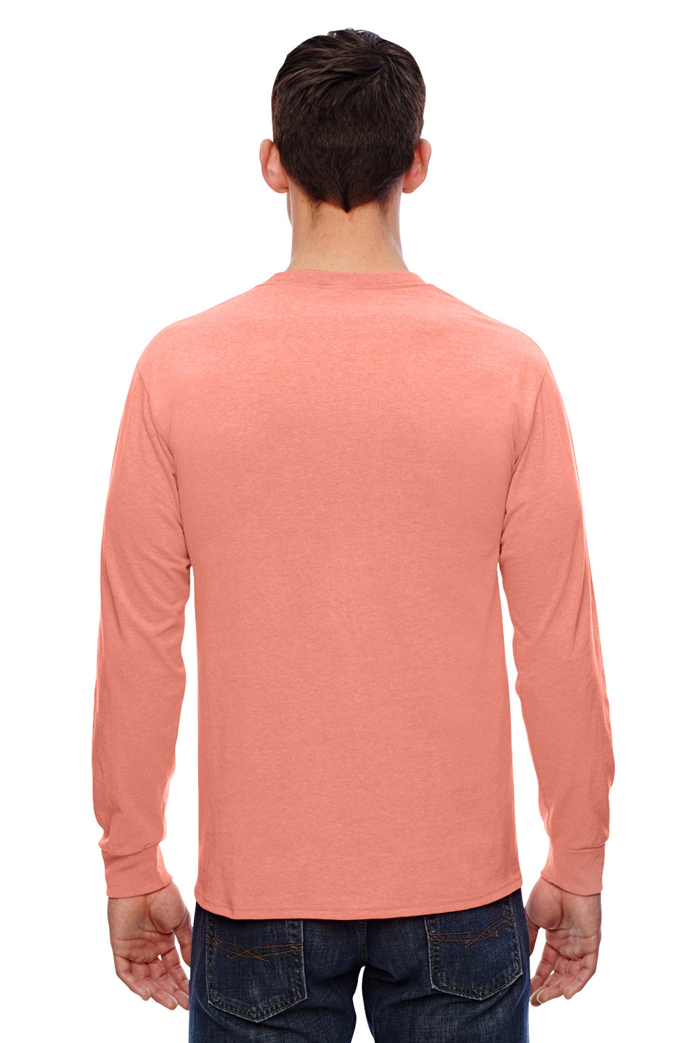 Fruit Of The Loom 4930 Mens HD Jersey Long Sleeve Crewneck T-Shirt Heather Coral Red Back