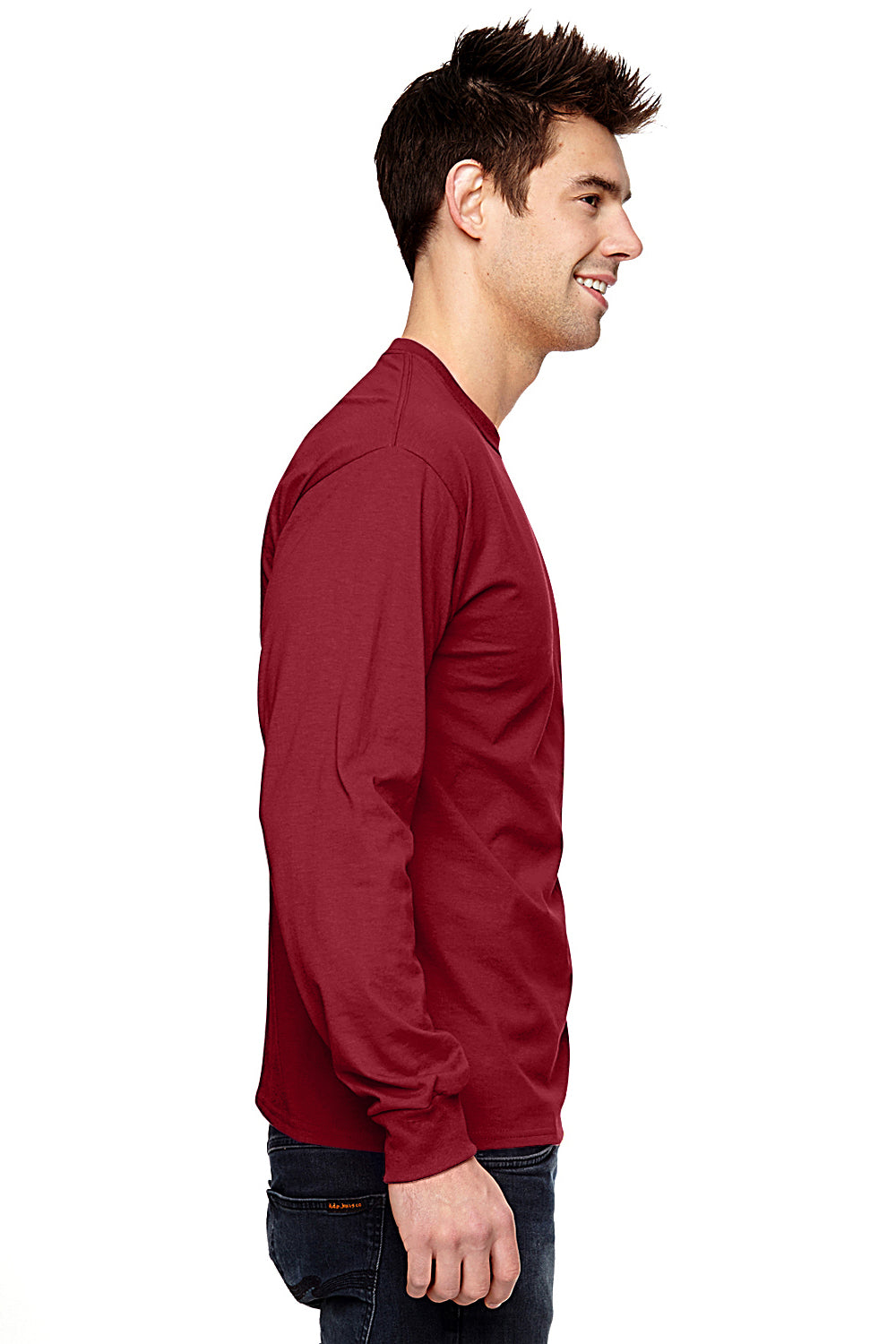 Fruit Of The Loom 4930 Mens HD Jersey Long Sleeve Crewneck T-Shirt Crimson Red Side