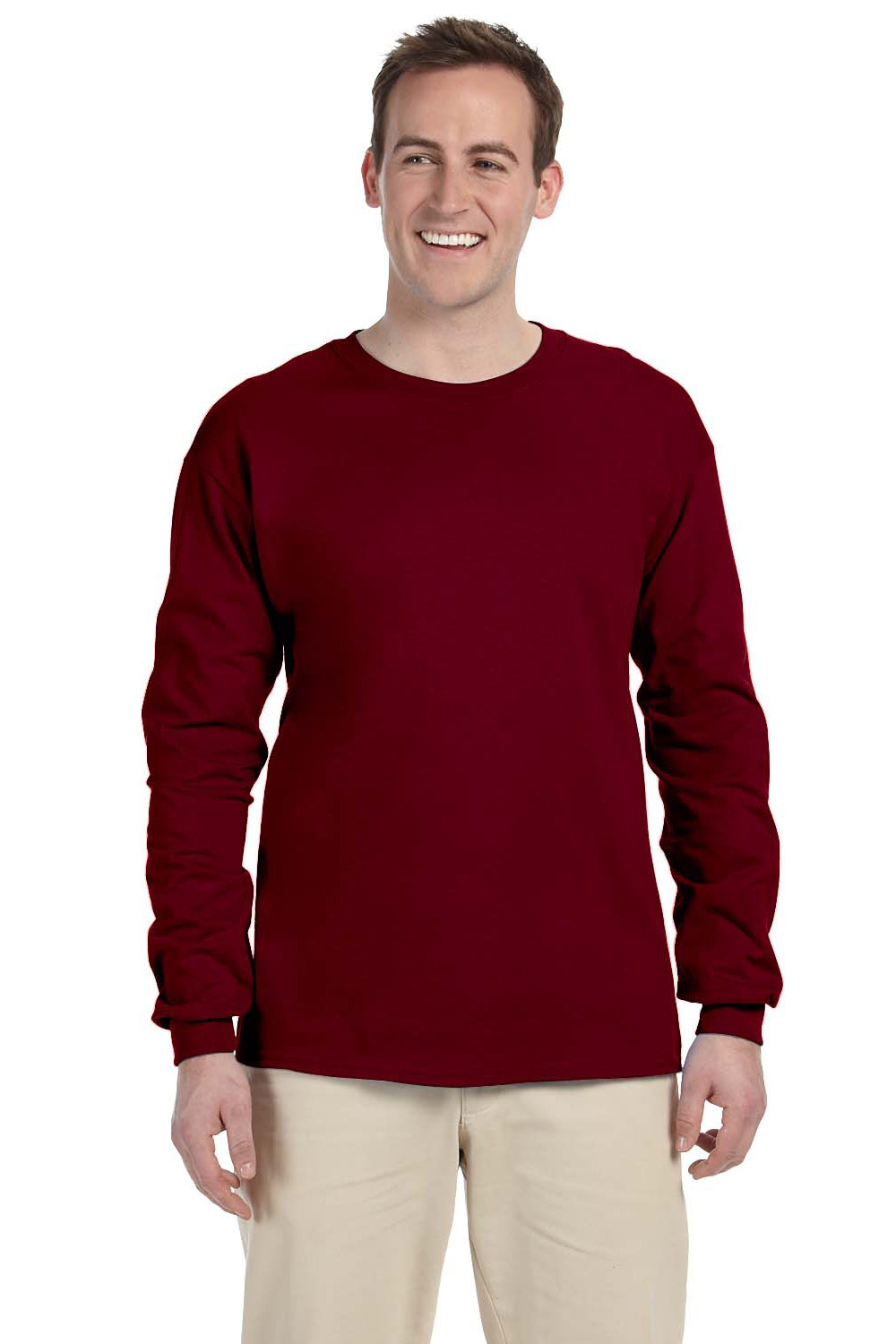 Fruit Of The Loom 4930 Mens HD Jersey Long Sleeve Crewneck T-Shirt Maroon Front