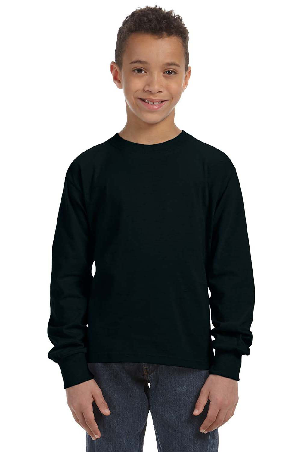 Fruit Of The Loom 4930B Youth HD Jersey Long Sleeve Crewneck T-Shirt Black Front