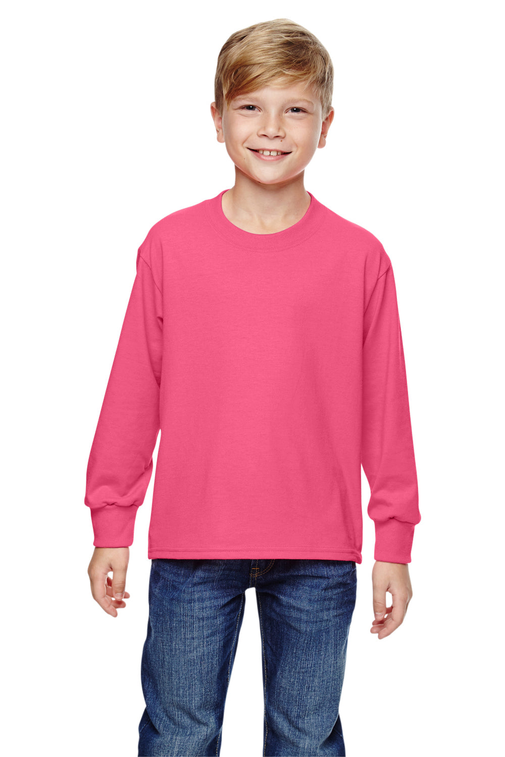 Fruit Of The Loom 4930B Youth HD Jersey Long Sleeve Crewneck T-Shirt Neon Pink Front