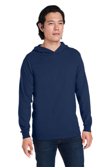 Fruit Of The Loom 4930LSH Mens HD Jersey Long Sleeve Hooded T-Shirt Hoodie Navy Blue Front