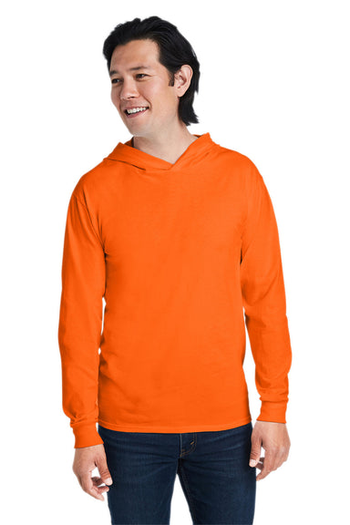 Fruit Of The Loom 4930LSH Mens HD Jersey Long Sleeve Hooded T-Shirt Hoodie Safety Orange Front
