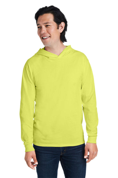 Fruit Of The Loom 4930LSH Mens HD Jersey Long Sleeve Hooded T-Shirt Hoodie Safety Green Front