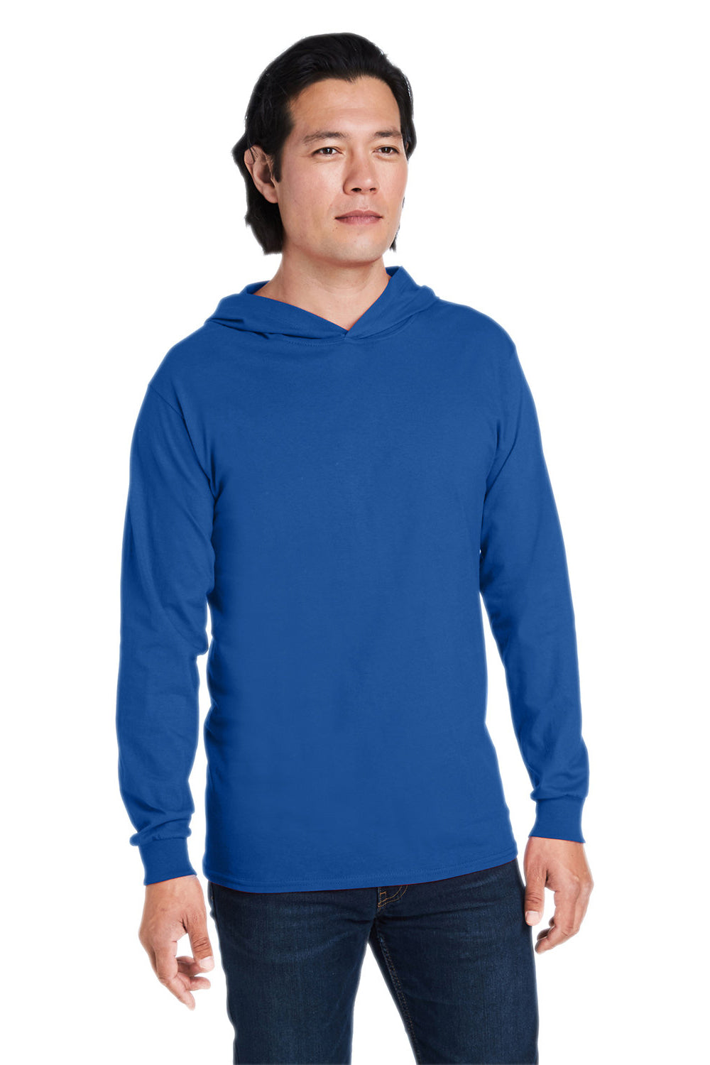 Fruit Of The Loom 4930LSH Mens HD Jersey Long Sleeve Hooded T-Shirt Hoodie Royal Blue Front