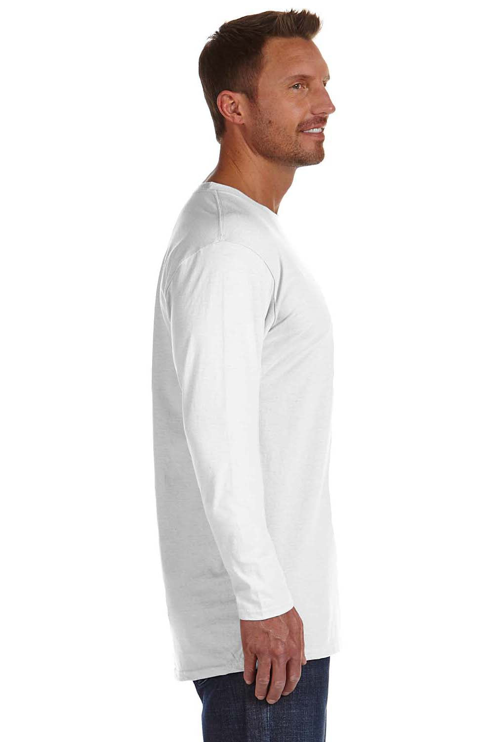 Hanes 498L Mens Nano-T Long Sleeve Crewneck T-Shirt White Side