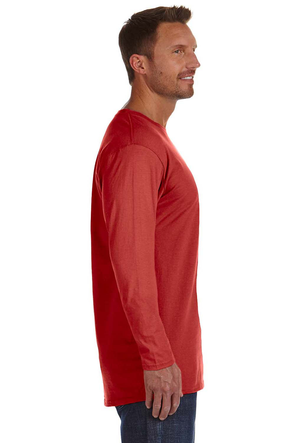 Hanes 498L Mens Nano-T Long Sleeve Crewneck T-Shirt Red Side