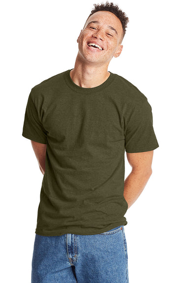 Hanes 5180/518T Mens Beefy-T Short Sleeve Crewneck T-Shirt Heather Military Green Front