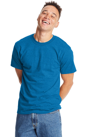 Hanes 5180/518T Mens Beefy-T Short Sleeve Crewneck T-Shirt Heather Sapphire Blue Front