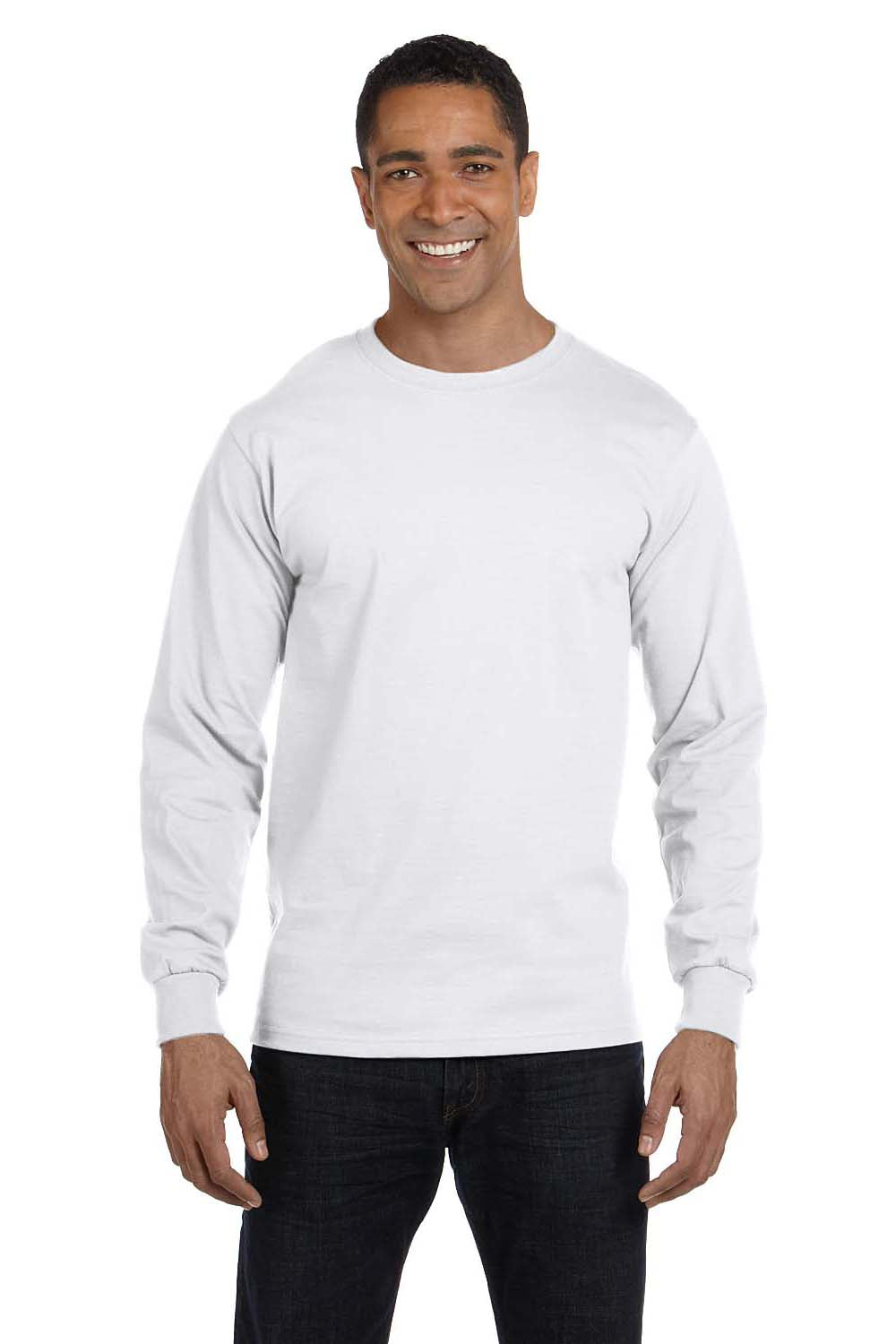 Hanes 5186 Mens Beefy-T Long Sleeve Crewneck T-Shirt White Front